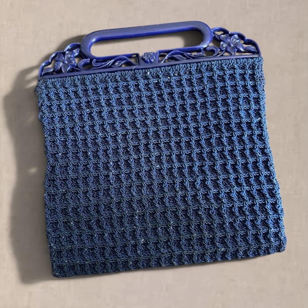 Vintage Blue Crochet Handbag with Floral Frame – Mid Century Top Handle Purse